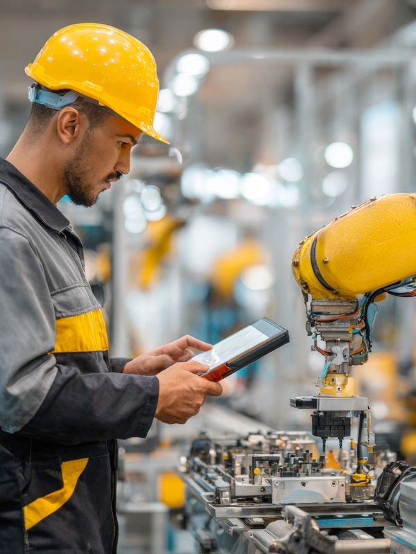Opérateur en casque devant un bras robotisé sur une ligne de production, investissement industriel