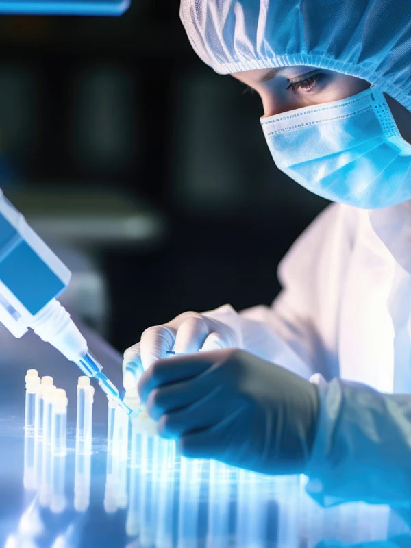 Technicienne en combinaison stérile pipetant des échantillons en laboratoire, R&D en santé et biotech